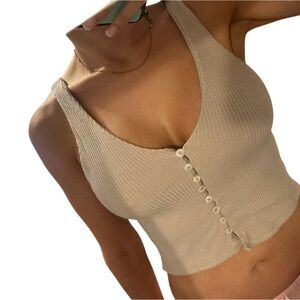 Lulu's Beige Ribbed Button-Down Crop Top